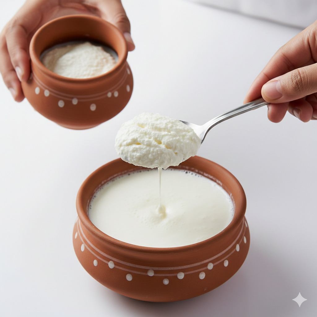 గోరువెచ్చని పాలలో పెరుగు స్టార్టర్ కల్చర్ కలిపి సెట్టింగ్ కోసం సిద్ధం చేస్తున్న విధానం