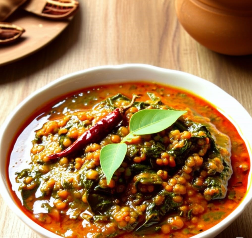 Pesarapappu Akukura Curry – Healthy Andhra-style moong dal with leafy greens cooked in stainless steel pot