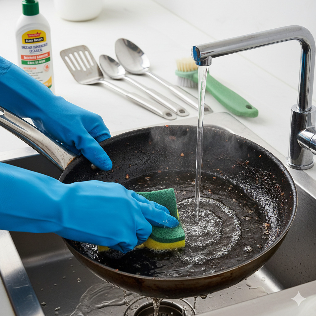 కాలిపోయిన పాత్రలను శుభ్రం చేయడం