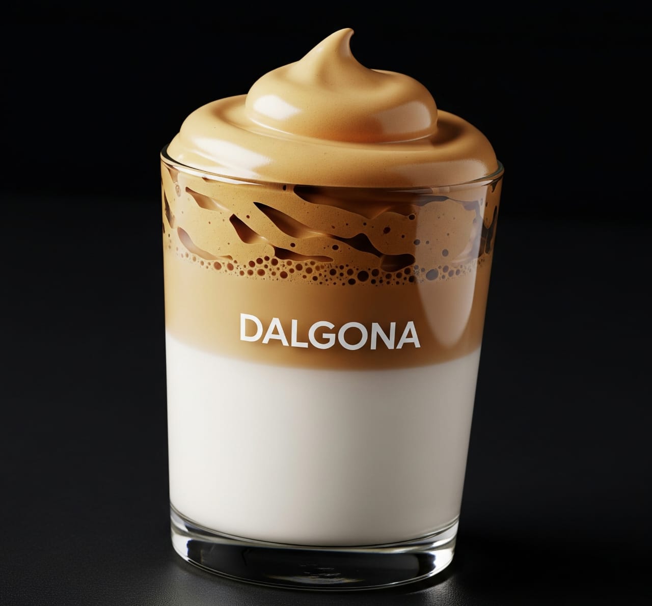 Frothy whipped Dalgona coffee in a glass with milk
