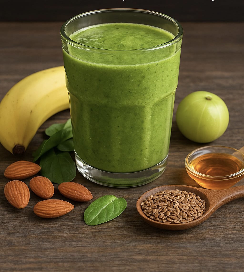 Hair fall control smoothie made with flax seeds, amla and spinach
