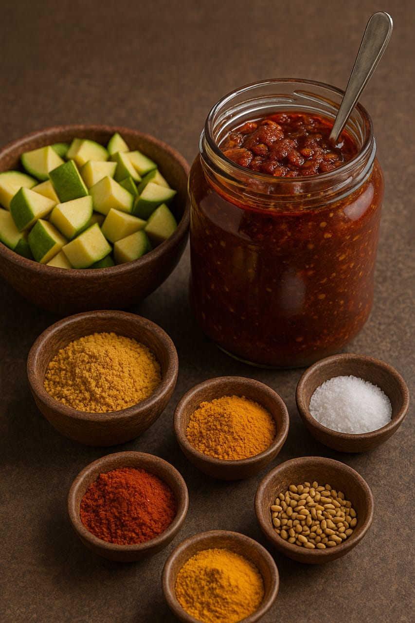 Traditional Indian homemade mango pickle Aavakaya
