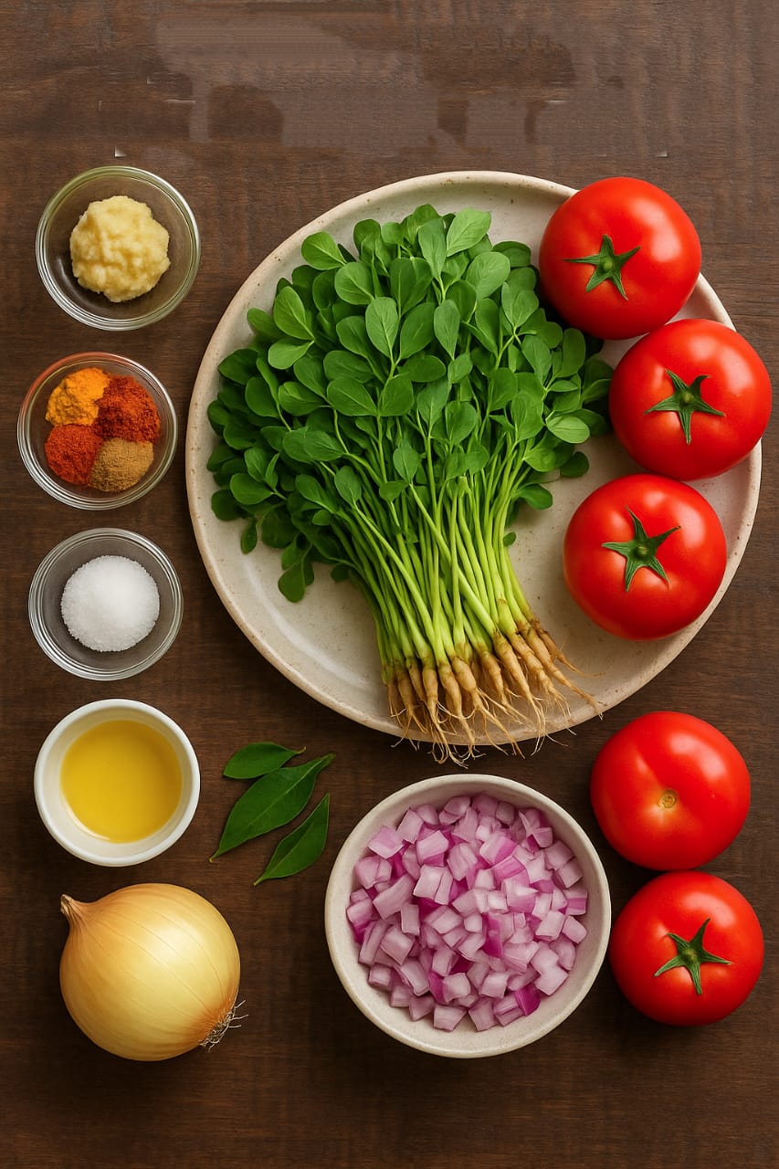 Cooking methi tomato curry in pan