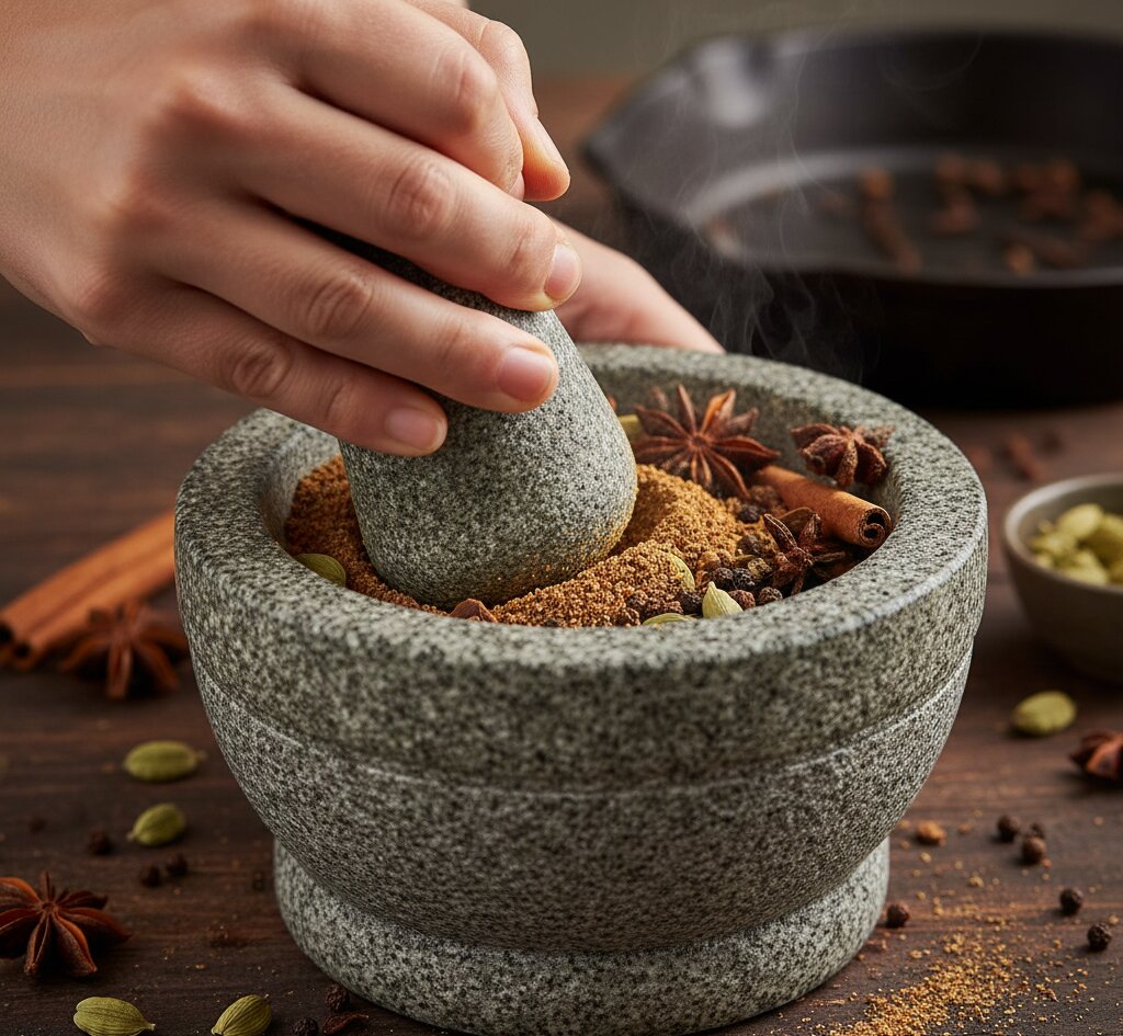 ఇంట్లో మసాలా గ్రైండర్‌లో మసాలాలు గ్రైండ్ చేయడం